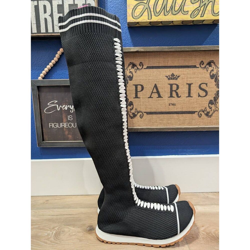 Black Knit Over the Knee Sneaker Boots Size 43 Women's 12 Tall Festival - Picture 7 of 16